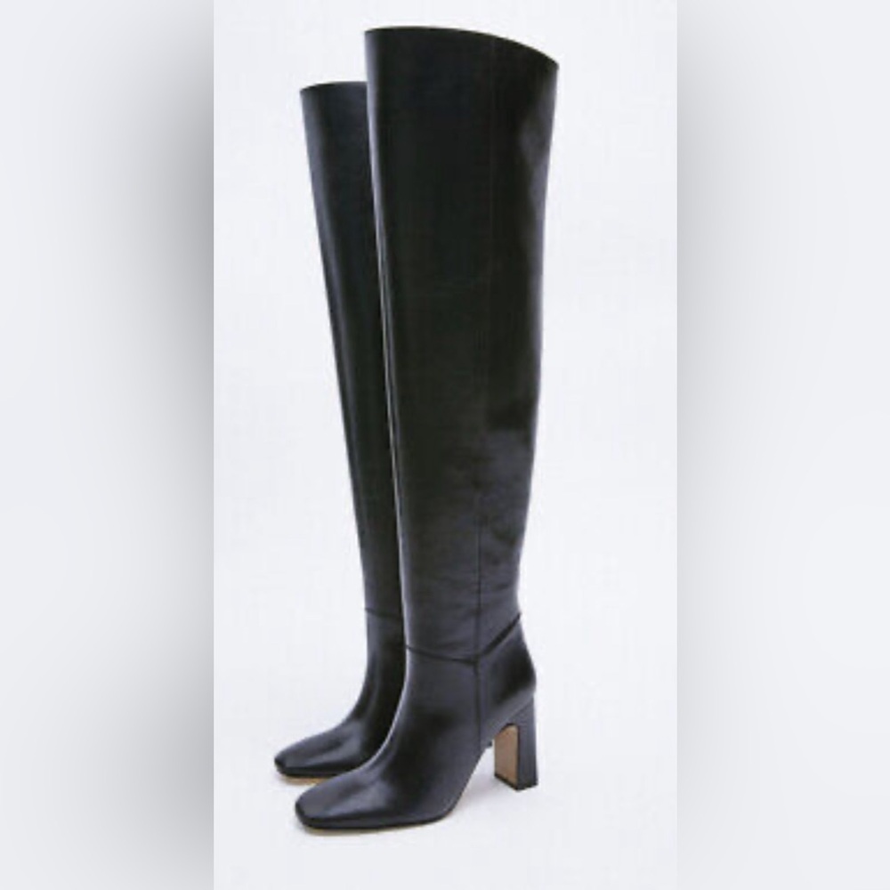 🛍️ZARA OVER THE KNEE LEATHER BOOTS WORN ONCE ORIGINALLY $298 BLOCK HEEL COMFY